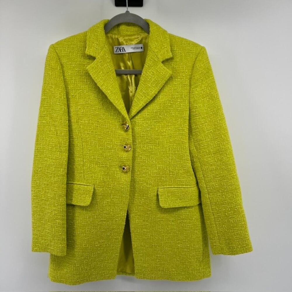 Zara Buttoned Textured Weave Blazer Womens XS Lime Green Gold ButtonProfessional